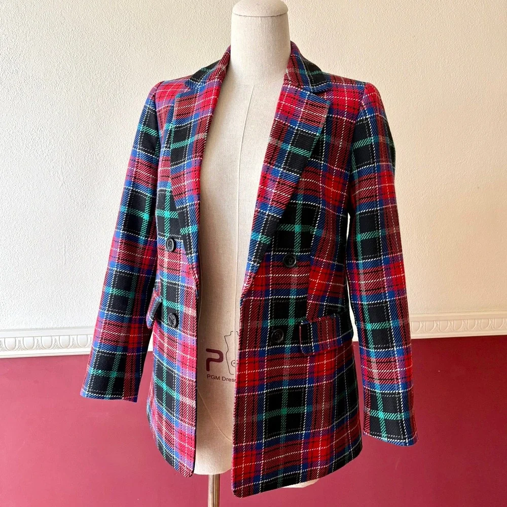 New Talbots Petite Tartan Plaid Sequin Wool Blend Double Breasted Open Blazer 2P